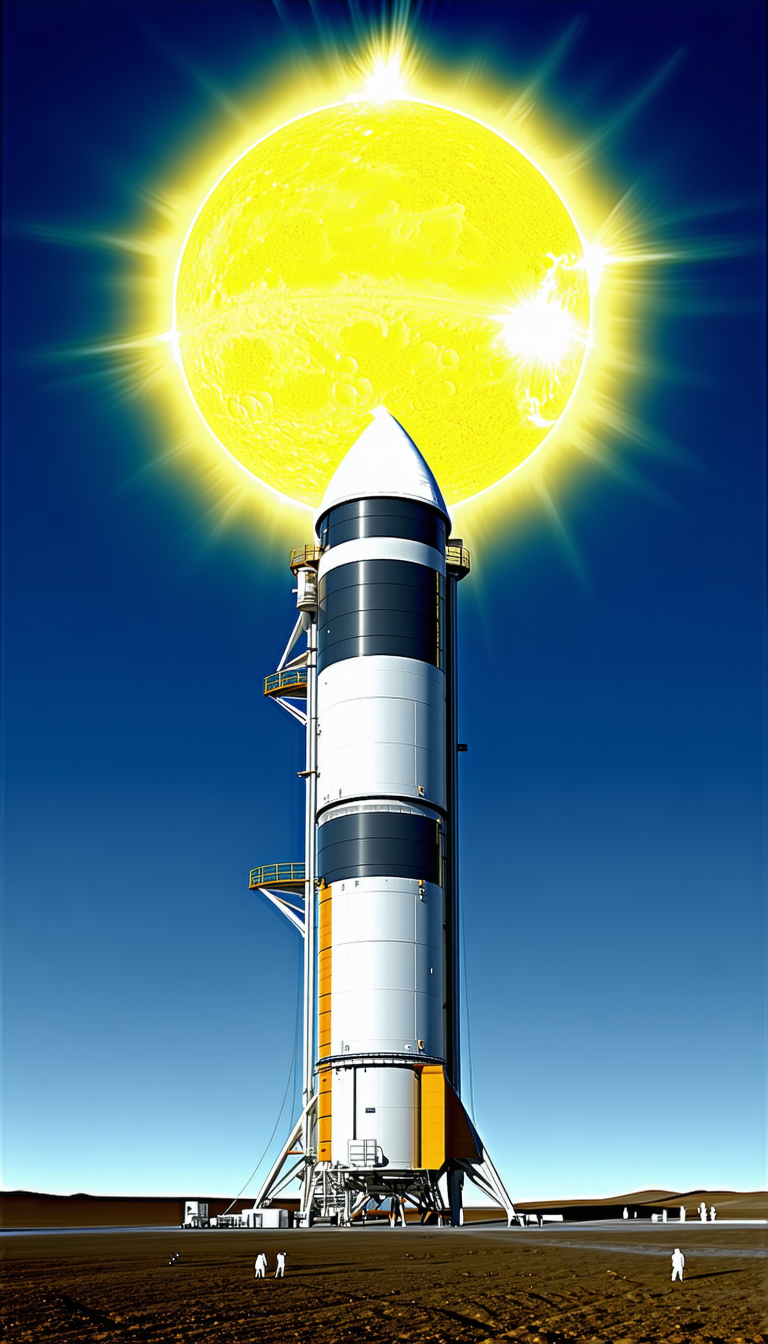 A Rocket Ship With A Large Sun Shining On It