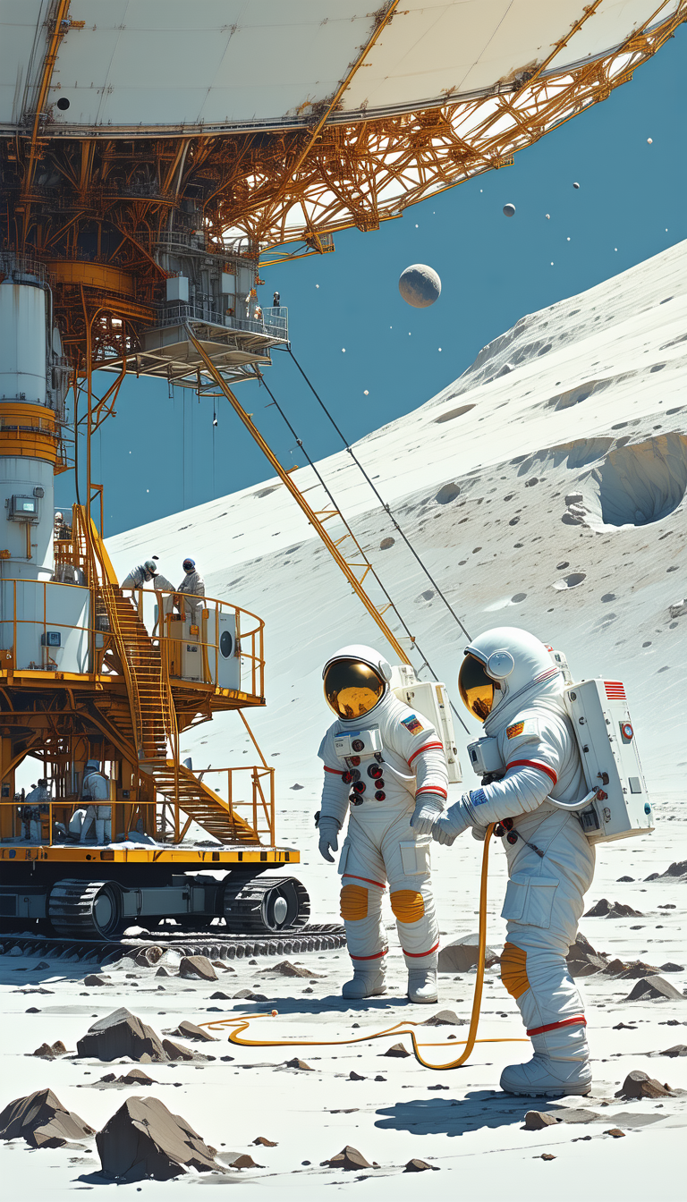 In The Image, There Are Two Astronauts Standing On The Moon, Wearing White Suits