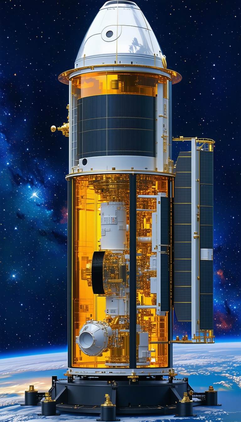 A Large Spacecraft Is Shown In A Close-up View, With A Satellite Dish On The Side