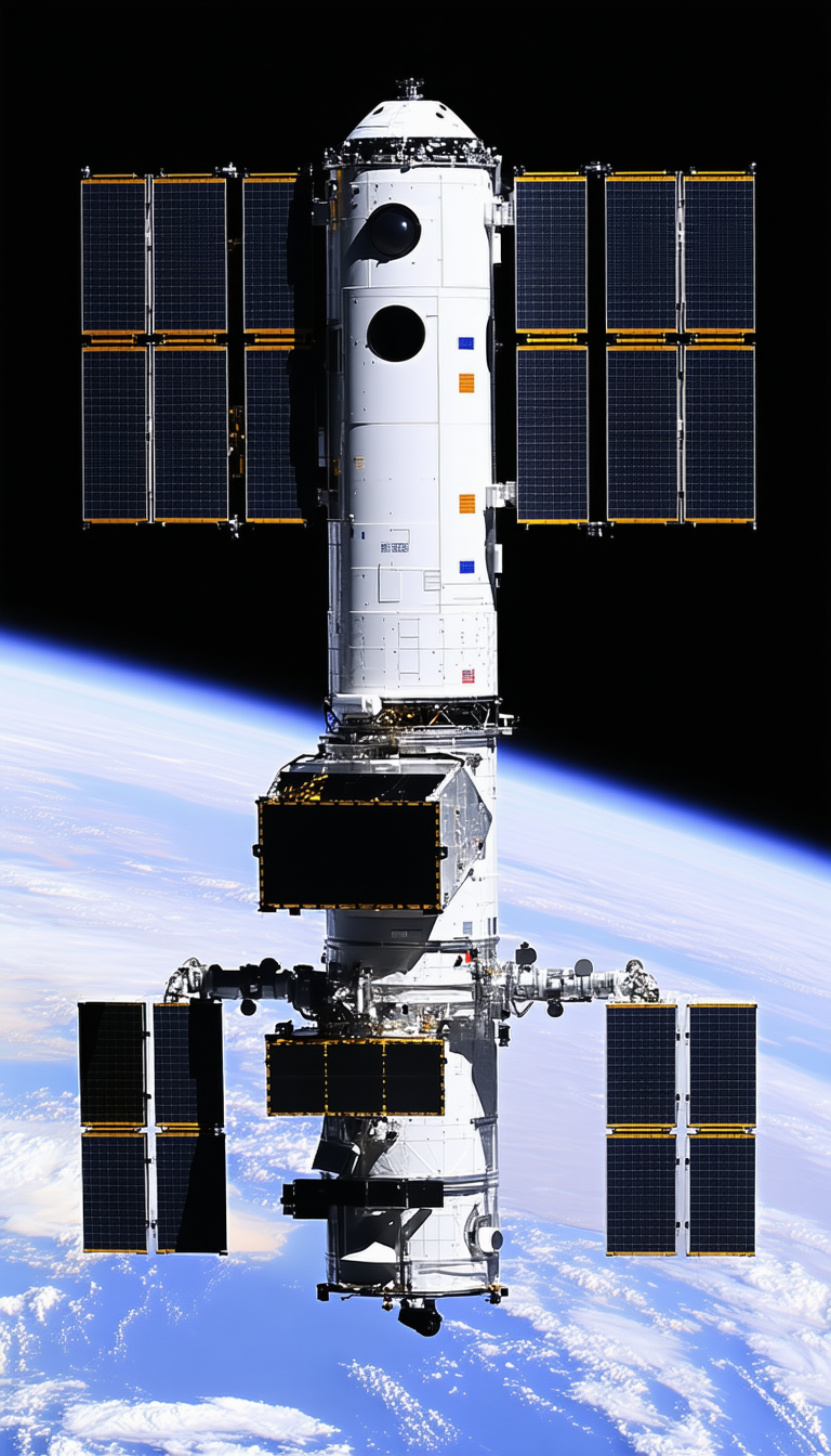 A Large Spacecraft With A Large Number Of Solar Panels On Its Side