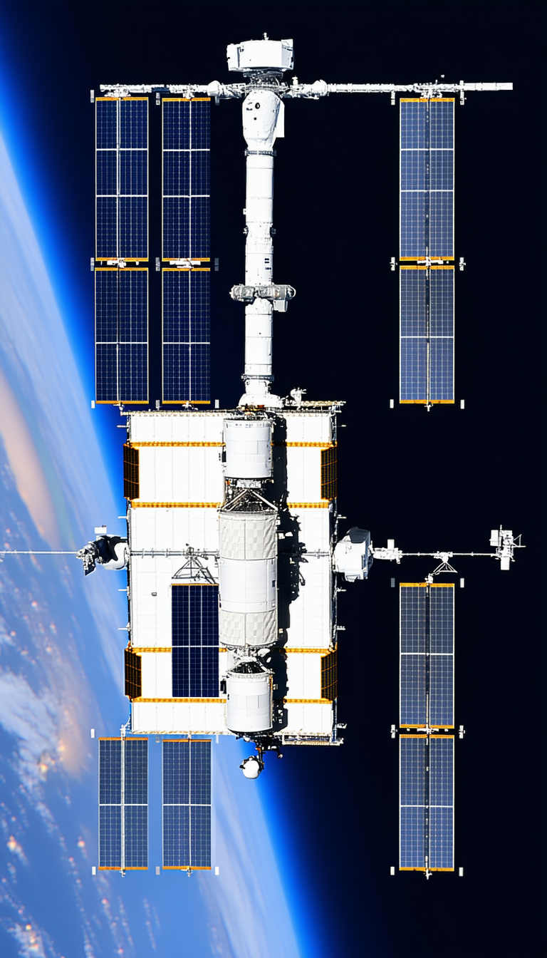 A Large Space Station With A White And Blue Color Scheme