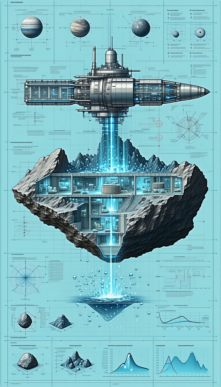 A Futuristic Space Ship Is Shown In A Blue And White Drawing