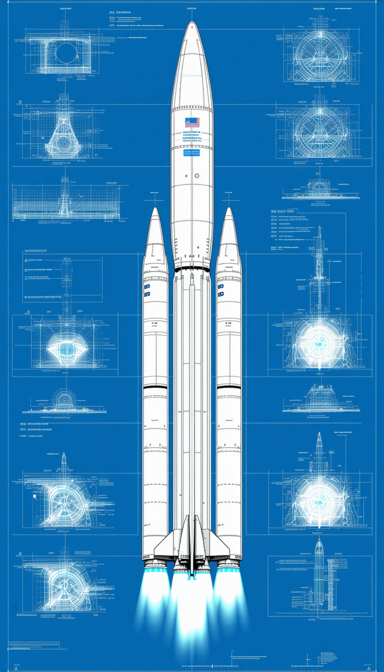 A Blue And White Drawing Of A Rocket Is Displayed
