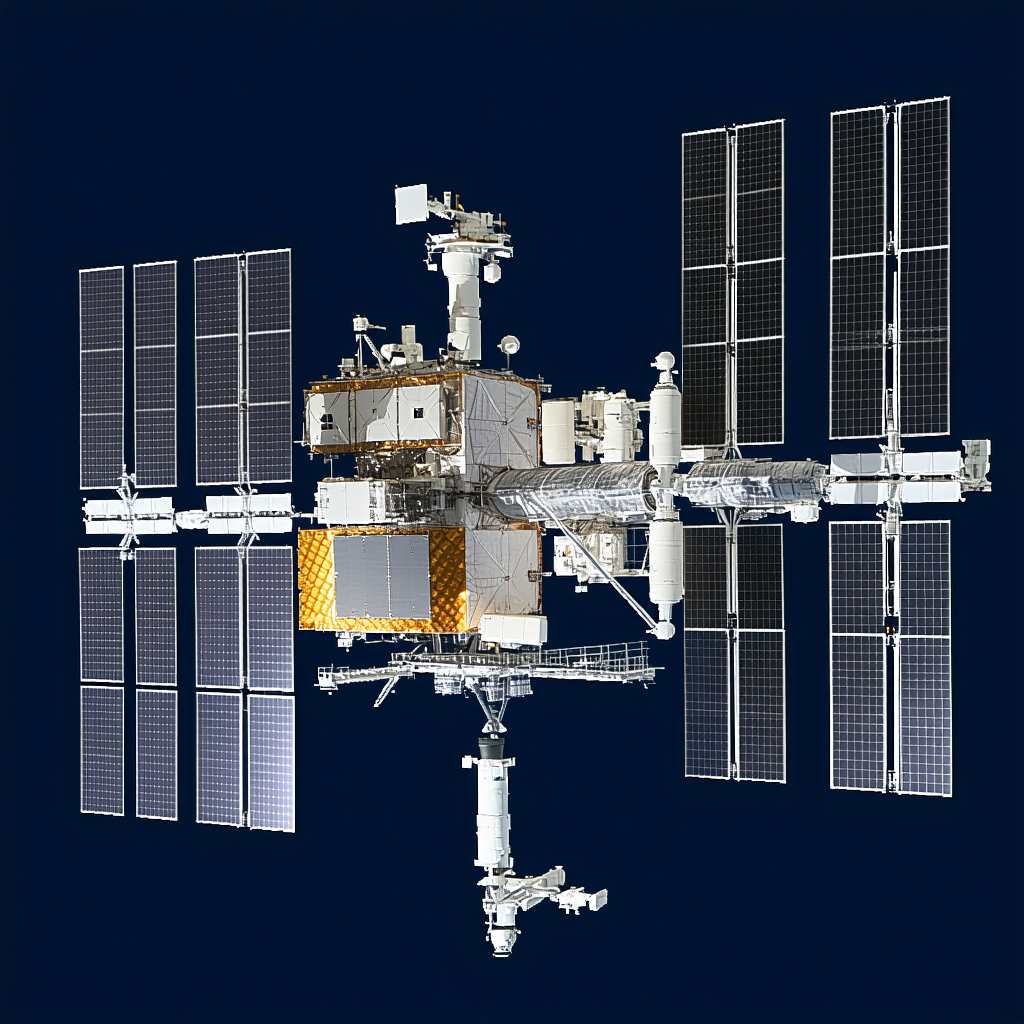 A Large Space Station With A White And Blue Color Scheme