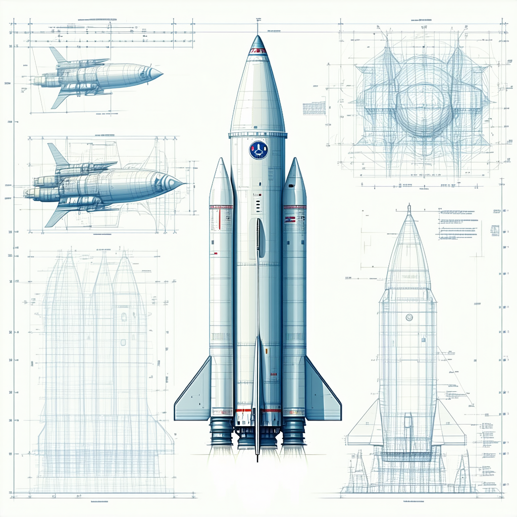 A Blue Rocket Ship Is Shown In A Drawing, With A Close-up Of The Front Of The Rocket