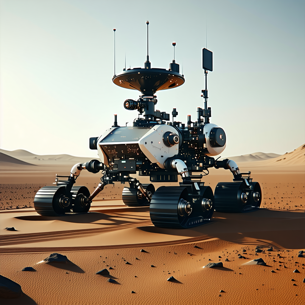 A Futuristic Robotic Vehicle, Possibly A Rover Or A Spacecraft, Sitting On A Sandy Surface