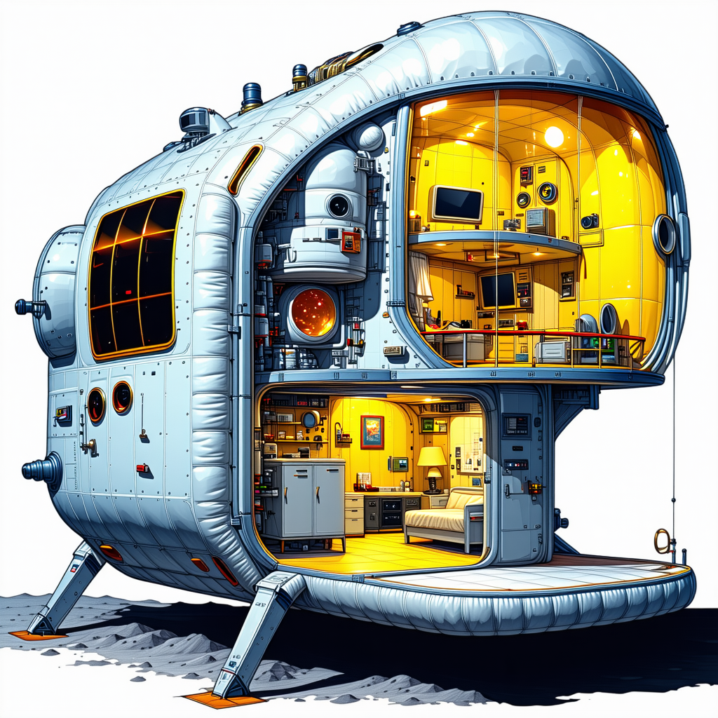 The Image Is A Cartoon Drawing Of A Space Station, Which Is A Large, Round, And White Structure