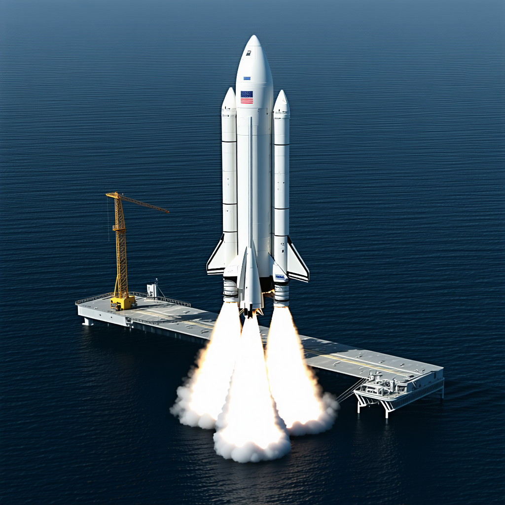 A Large White Space Shuttle Is Being Launched From A Floating Platform In The Ocean