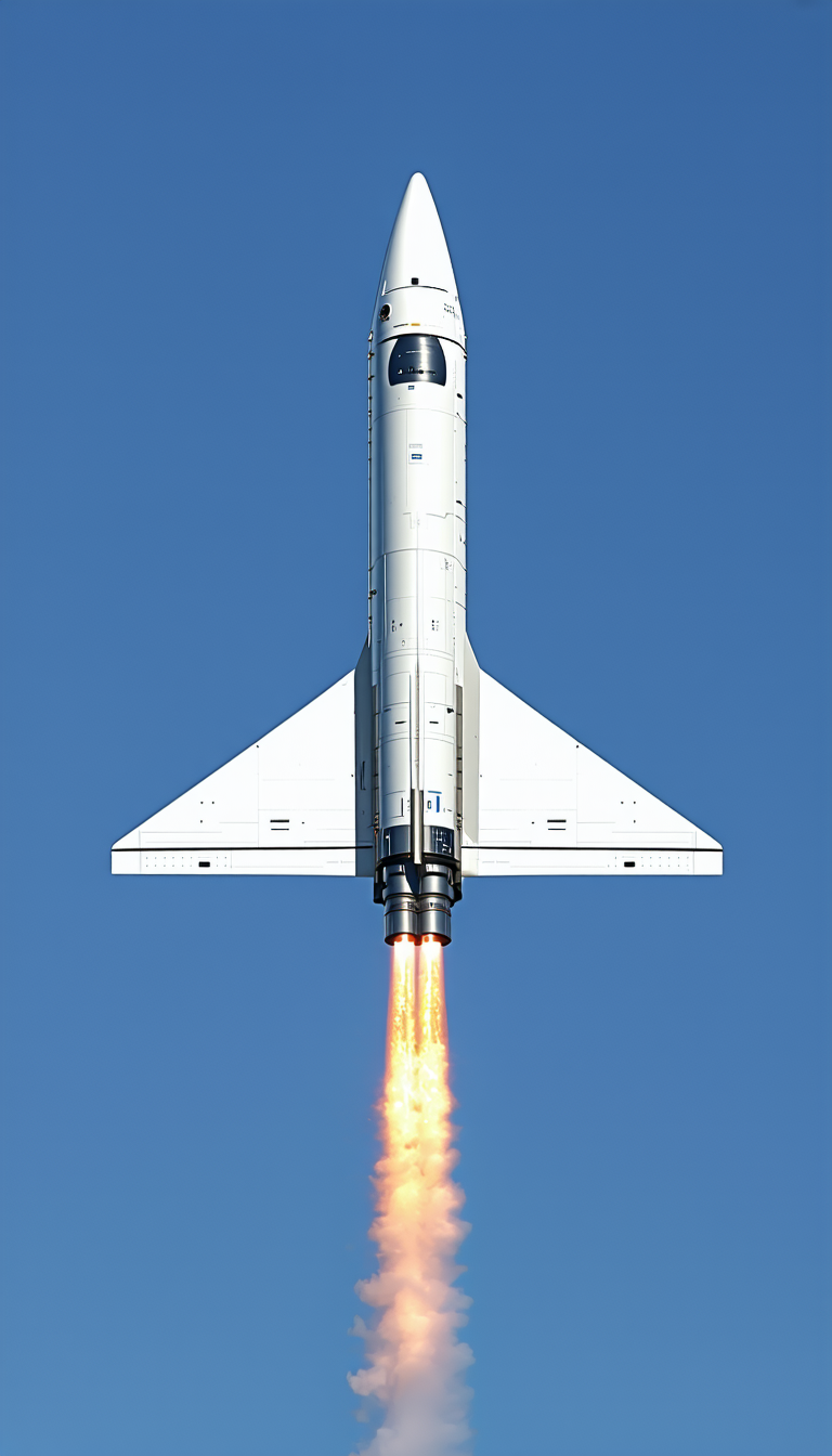 A White Rocket With A Blue Tip, Soaring Through The Sky