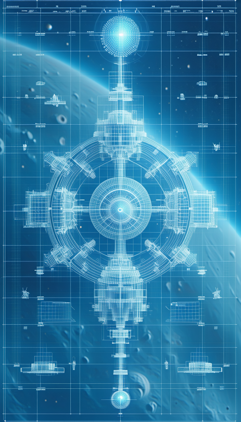 A Blue And White Drawing Of A Space Ship Is Displayed