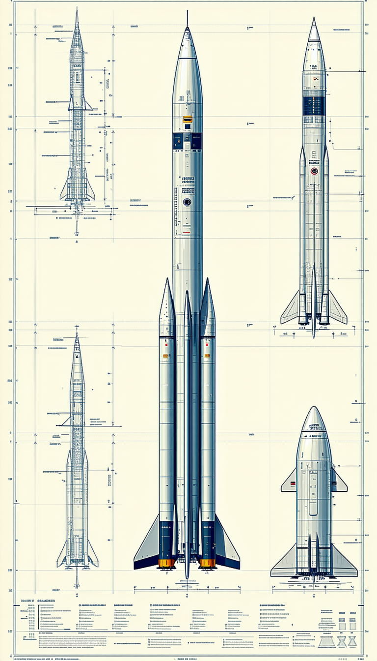 A Blue Rocket Ship Is Shown In A Series Of Four Different Views