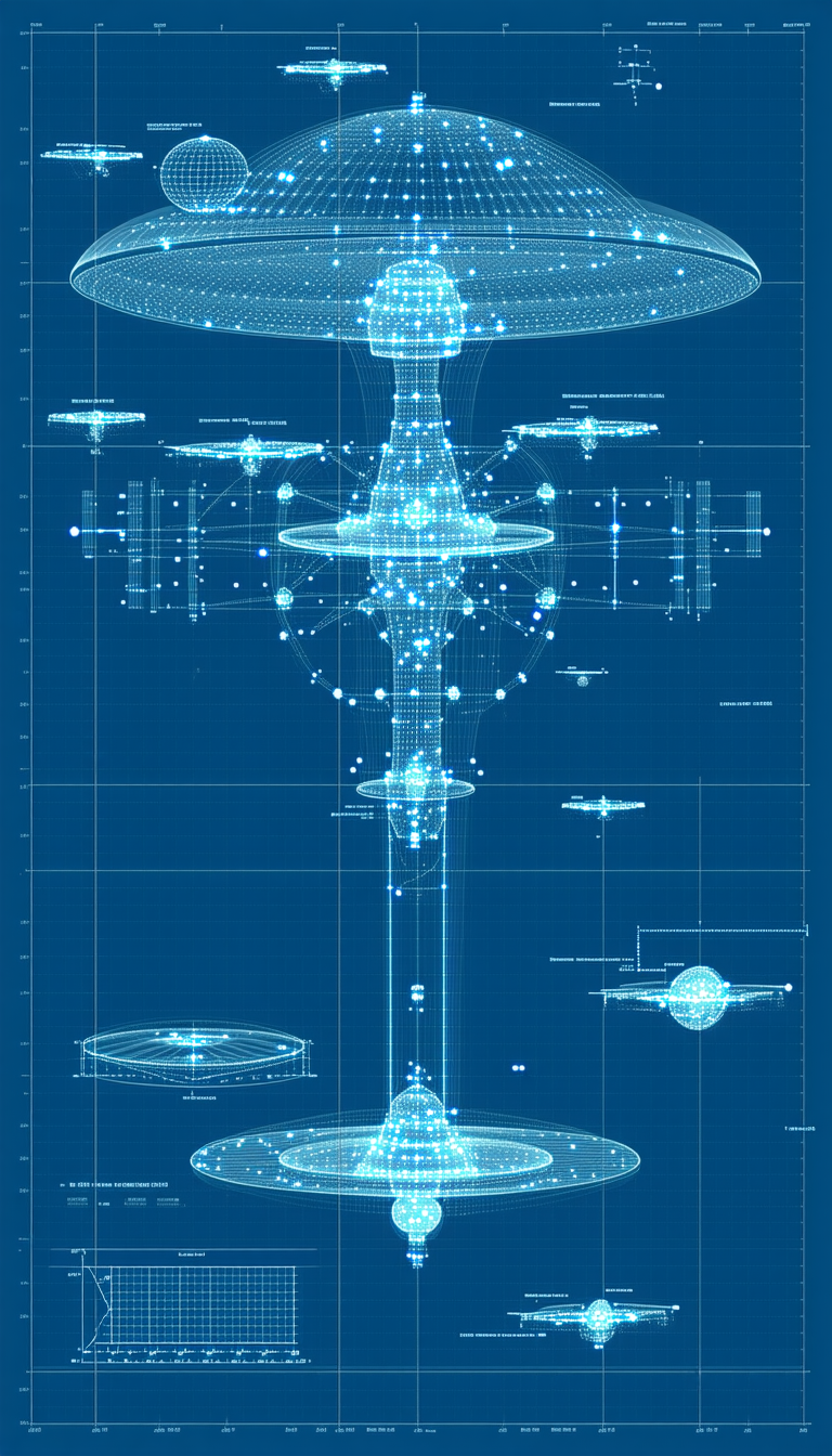 A Blue And White Drawing Of A Space Station Is Displayed