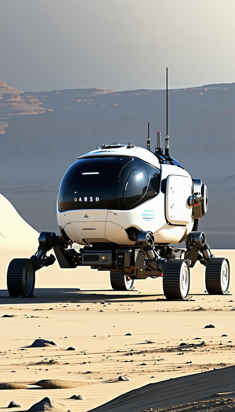 A Futuristic Vehicle, Possibly A Spacecraft Or A Hovercraft, Parked In A Desert-like Environment