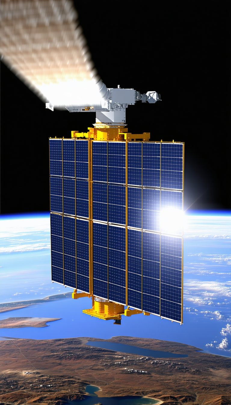A Large Satellite With A Solar Panel On Top, Floating In The Sky