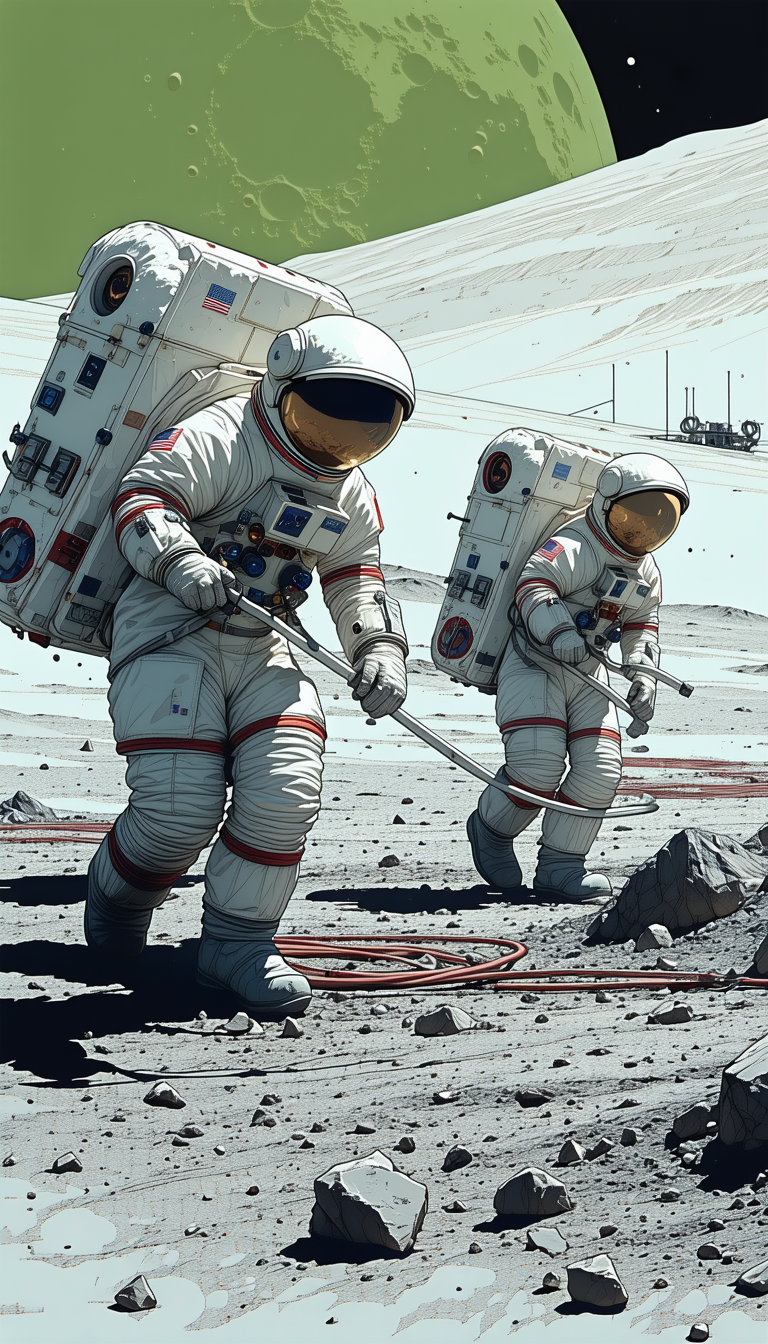 In The Image, There Are Two Astronauts Wearing White Suits And Carrying A Red Rope