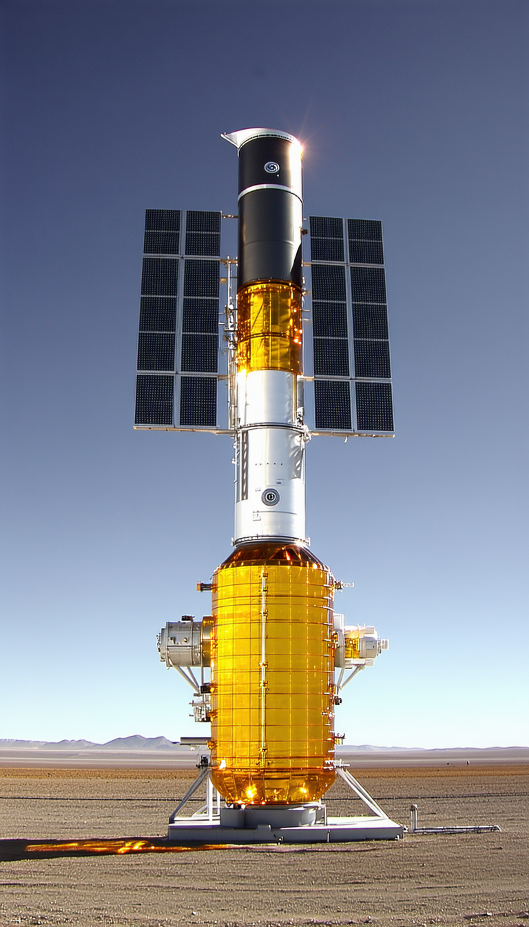 A Large, Yellow Satellite Dish With A Solar Panel On Top