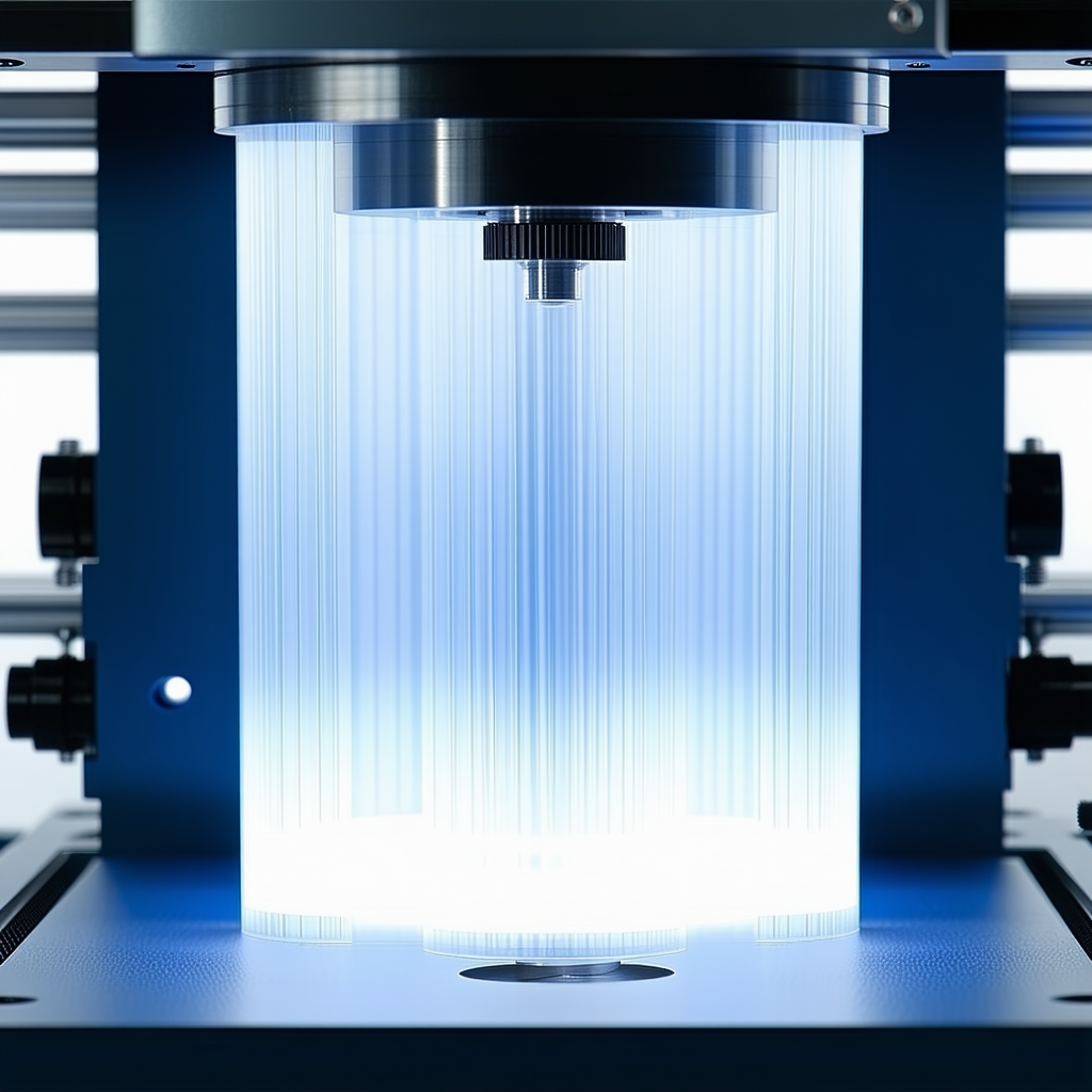 A Blue Machine Is Holding A Clear Plastic Object