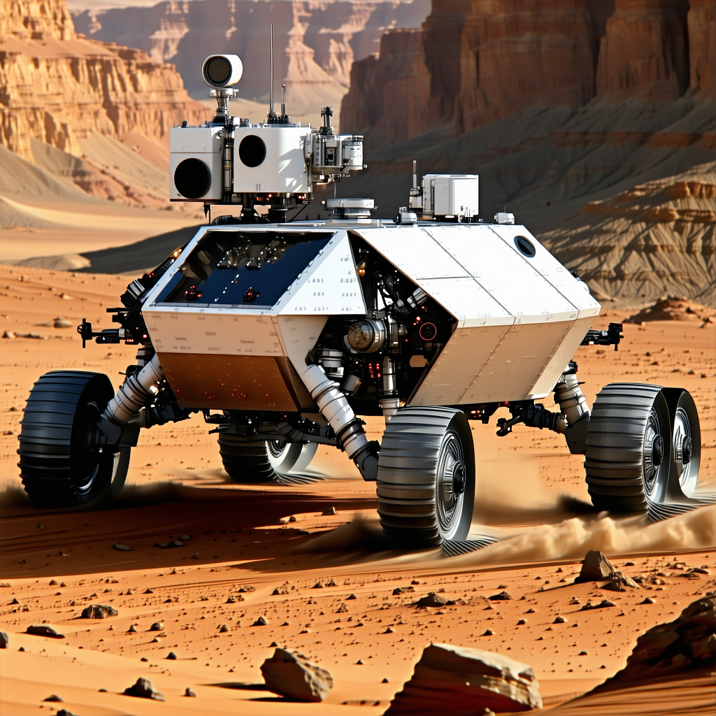 A White Robotic Vehicle Is Driving Across A Rocky Terrain