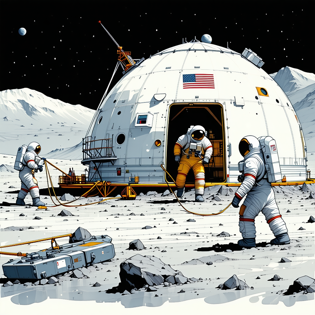 In The Image, There Are Three Astronauts Standing Outside Of A Large White Space Station