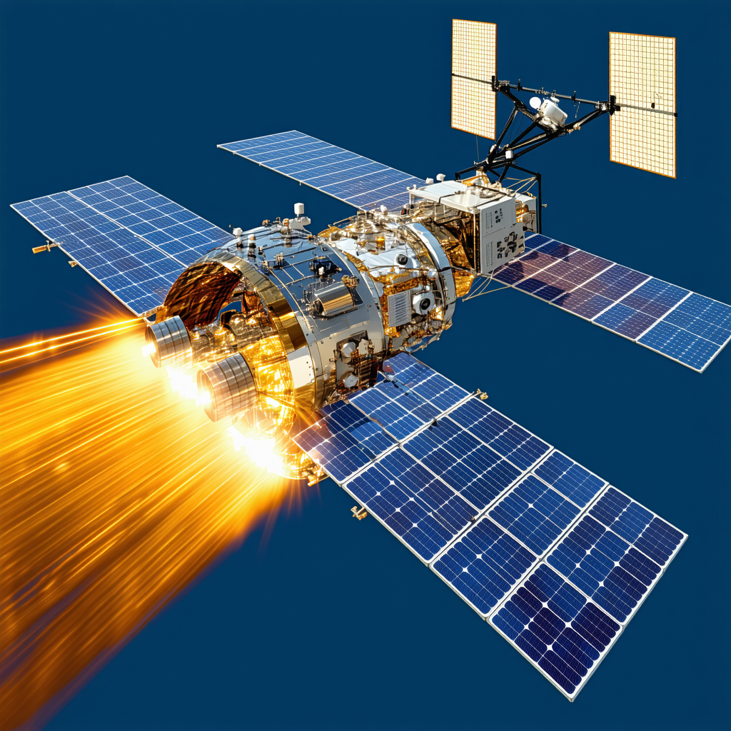 A Spacecraft With A Solar Panel On Its Side, Flying Through The Sky