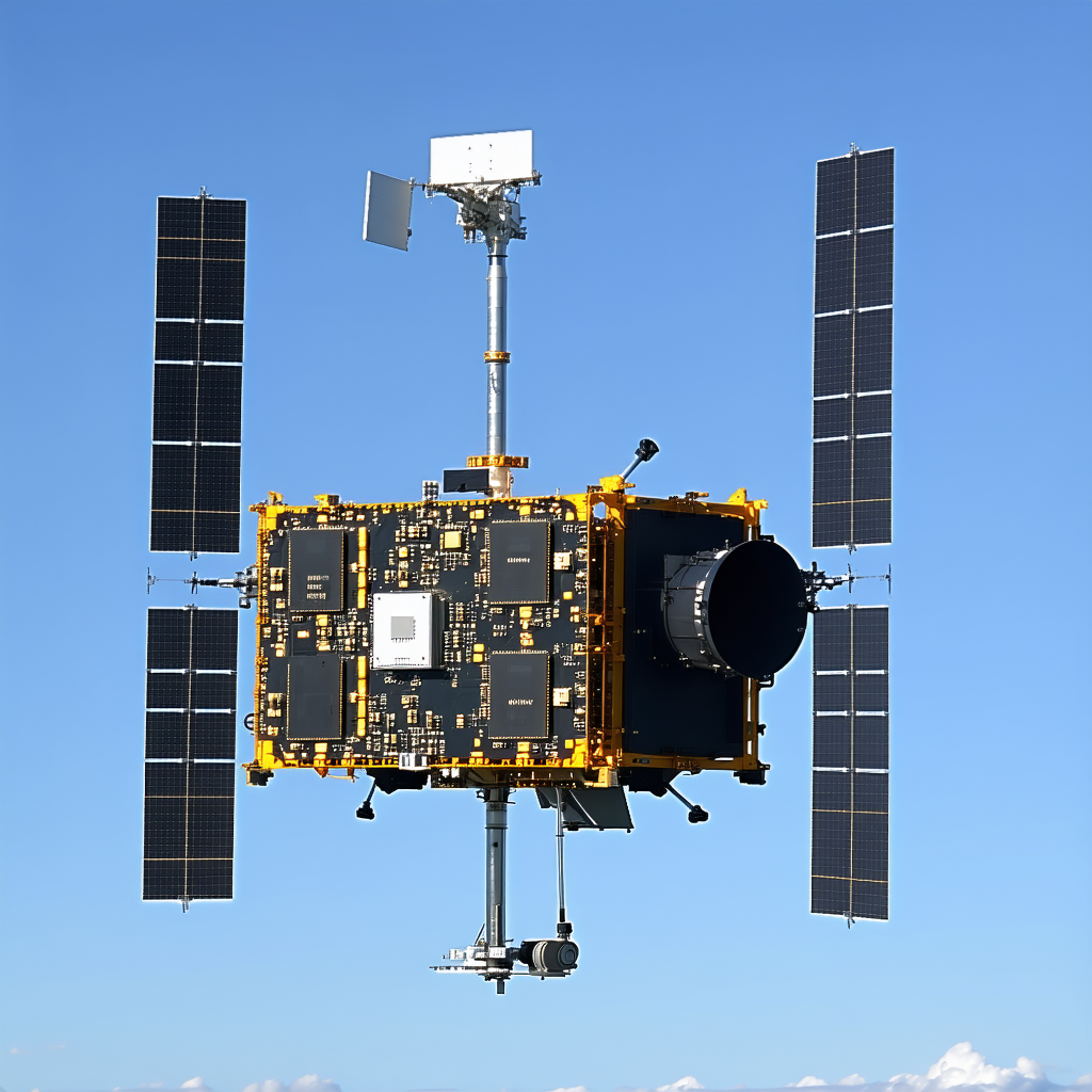 A Satellite Is Flying Through The Sky, With Its Solar Panels Open