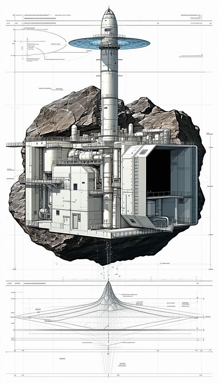 A Large White Building Is Shown In A Drawing, With A Large Rock In The Foreground