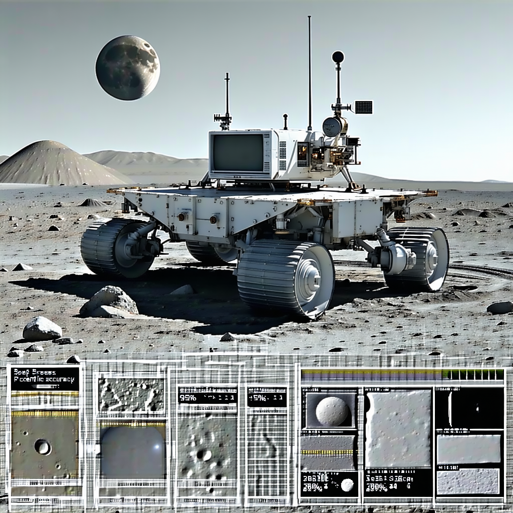 A White Robotic Vehicle Is Parked On A Rocky Surface, With A Large Moon In The Background
