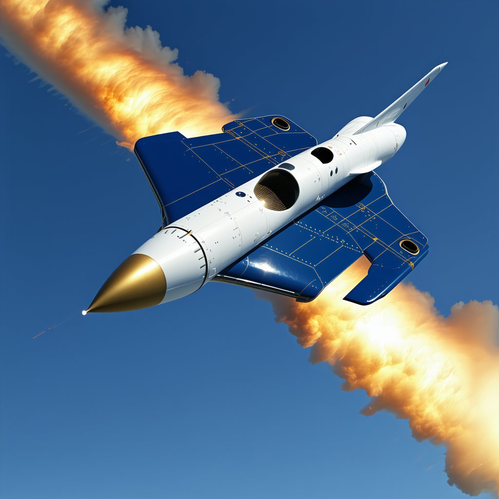A Blue And White Jet Is Flying Through The Sky, Leaving A Trail Of Smoke Behind It