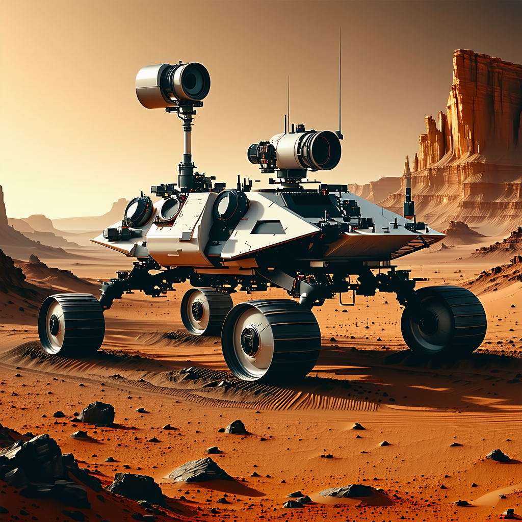 A Futuristic Vehicle, Possibly A Spacecraft Or A Rover, Parked On A Rocky Surface