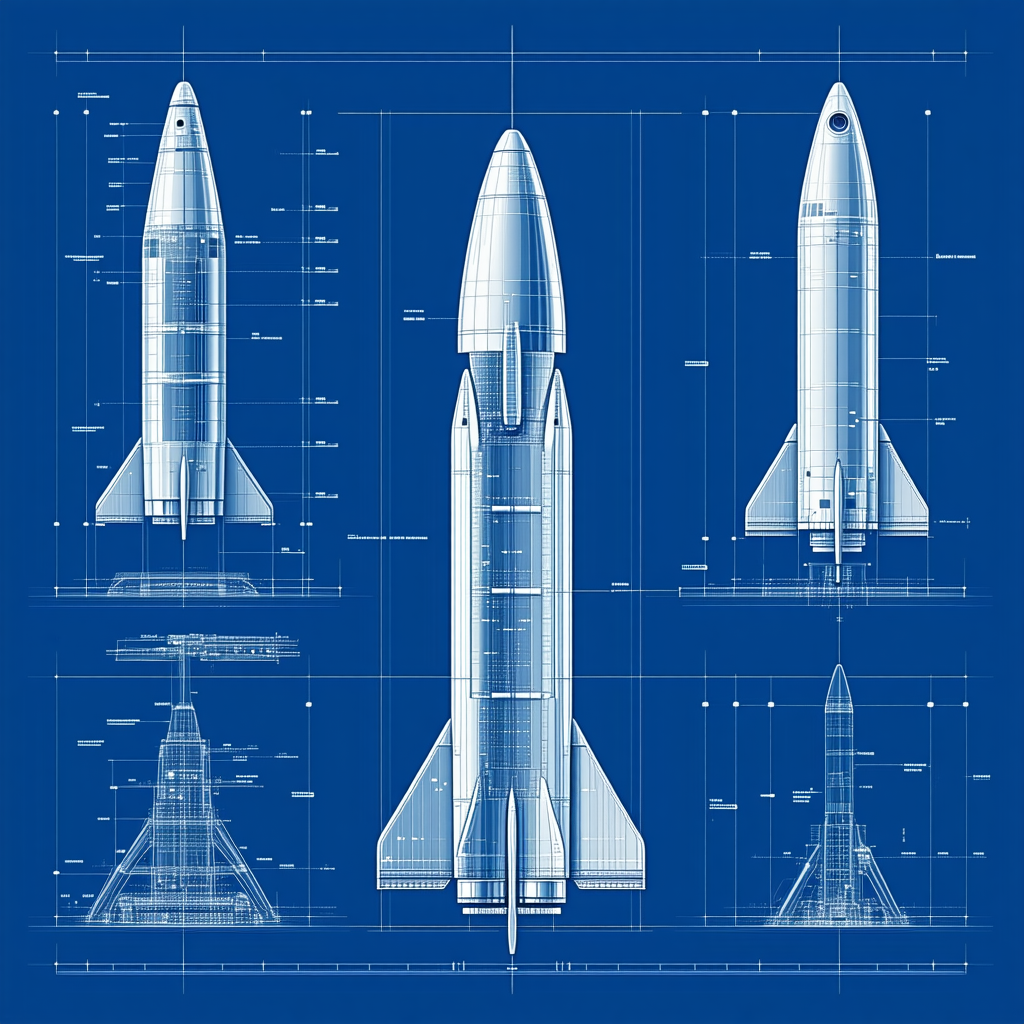 A Blue Illustration Of A Rocket Ship Is Shown In A Series Of Diagrams