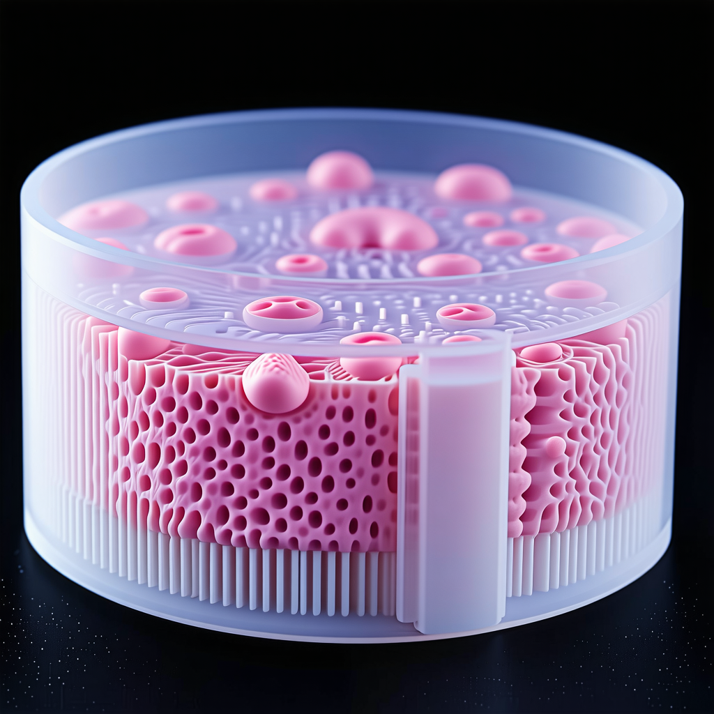 A Pink And White Object Is Displayed In A Clear Plastic Container