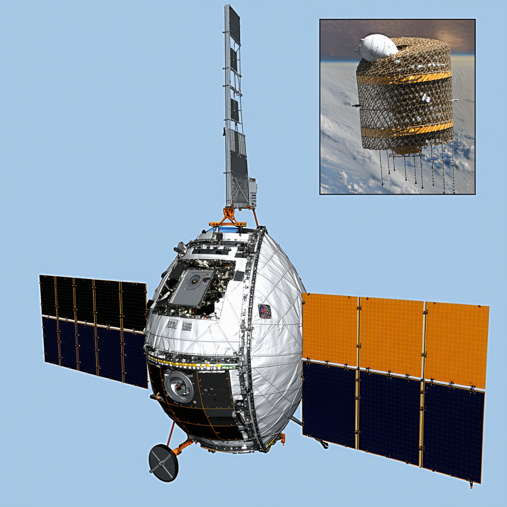 A Spacecraft Is Shown In A Blue Sky, With A Large Dome On Top