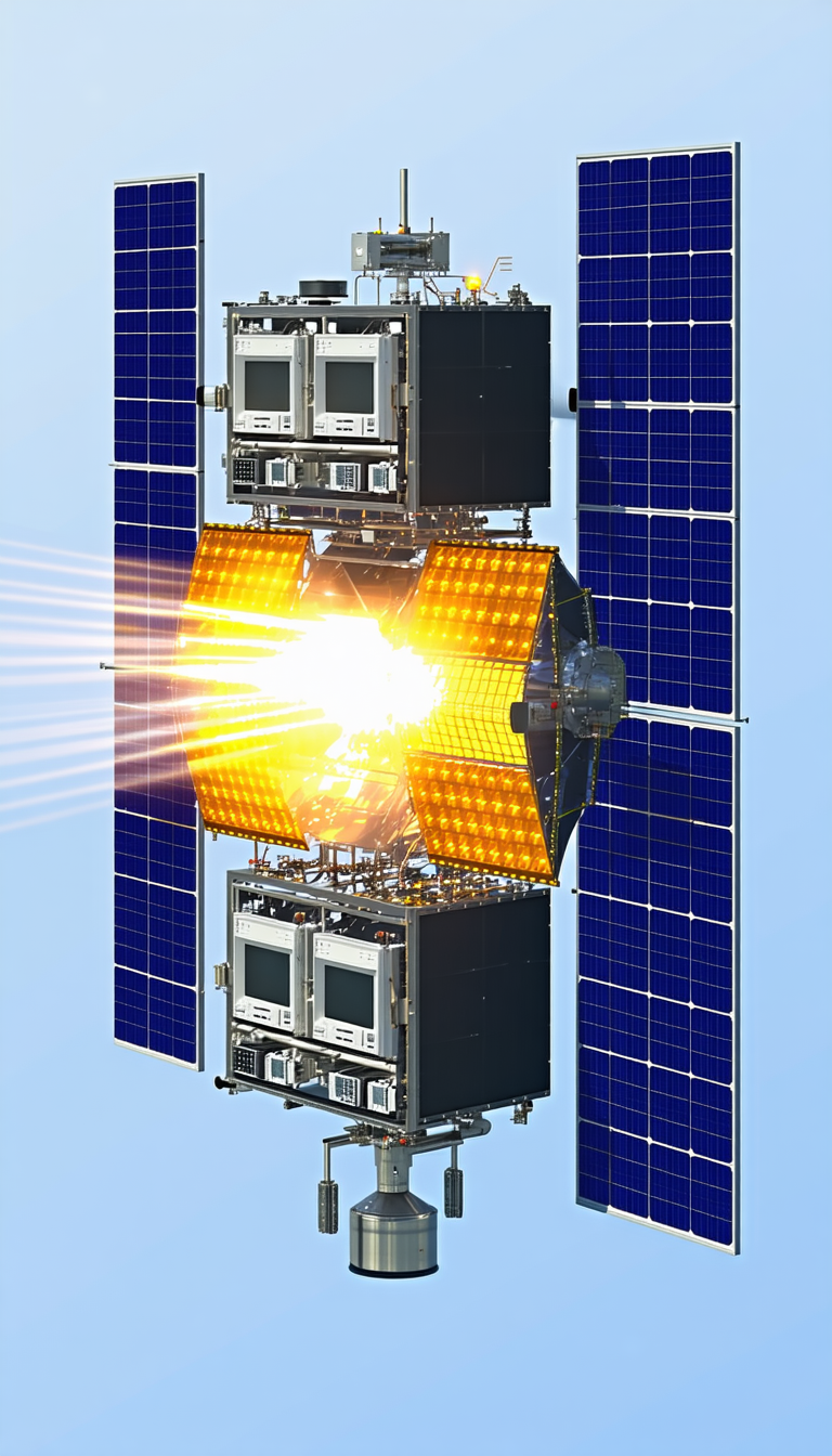 A Spacecraft Is Shown In A Close-up View, With Its Solar Panels And Other Components Clearly Visible