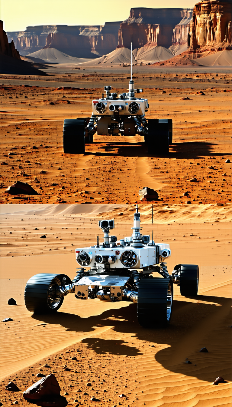 A White Robotic Vehicle, Possibly A Rover, Driving Across A Sandy Terrain