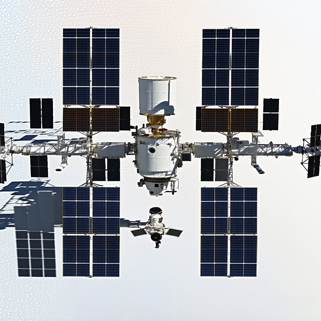 A Space Station Is Shown In A Close-up View, With A Large Satellite Dish On The Side