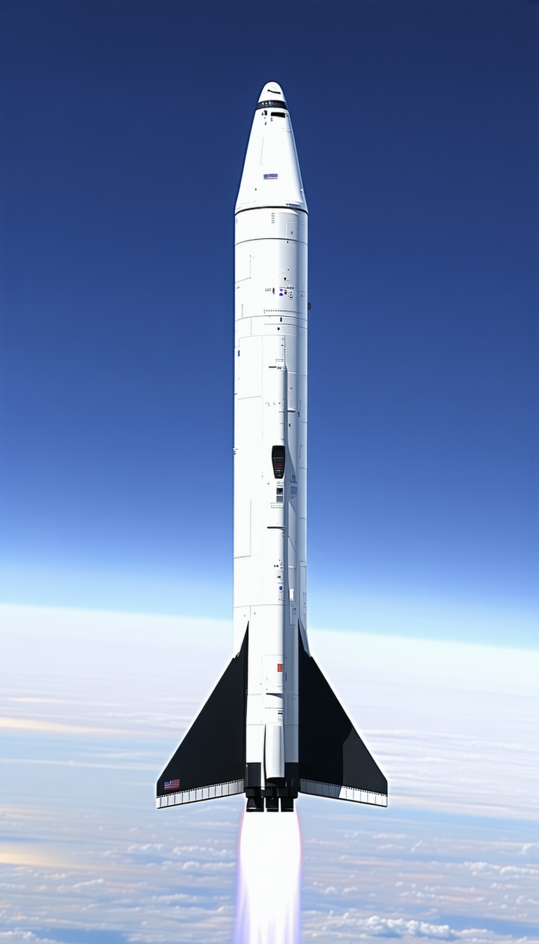 A White Rocket Is Seen In The Sky, With A Blue Background
