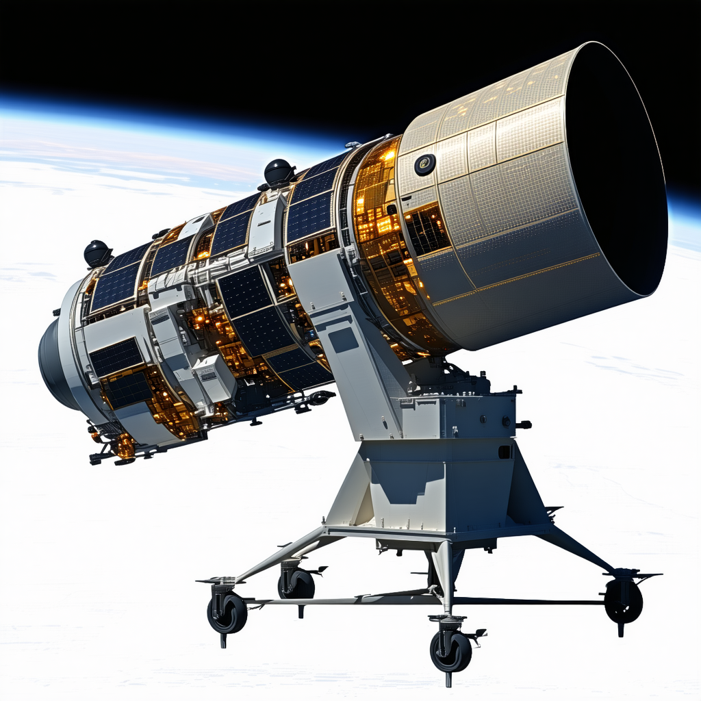 A Large Satellite Is Seen In The Sky, With A Large Dish On The Bottom