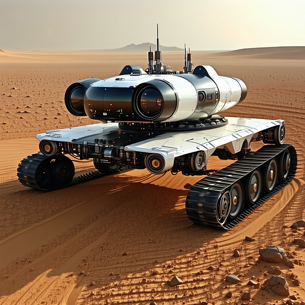 A Large White Vehicle With A Large Dome On Top Is Driving Across A Desert Landscape