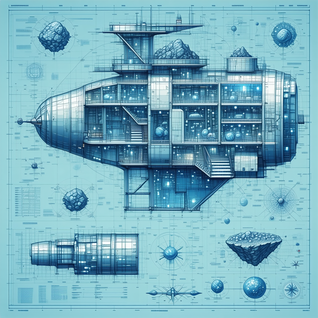 The Image Is A Blue And White Drawing Of A Space Ship