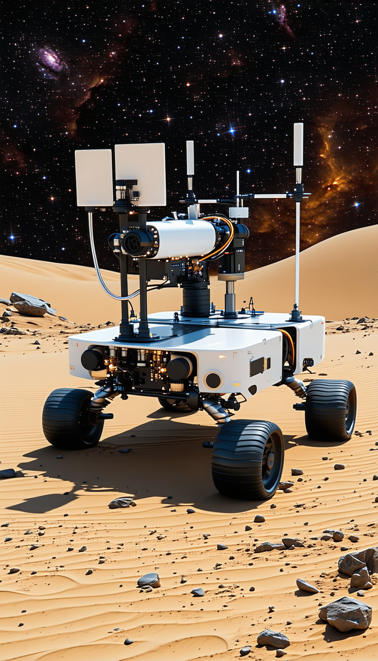 A White Robotic Vehicle With Four Wheels, Sitting On A Sandy Surface