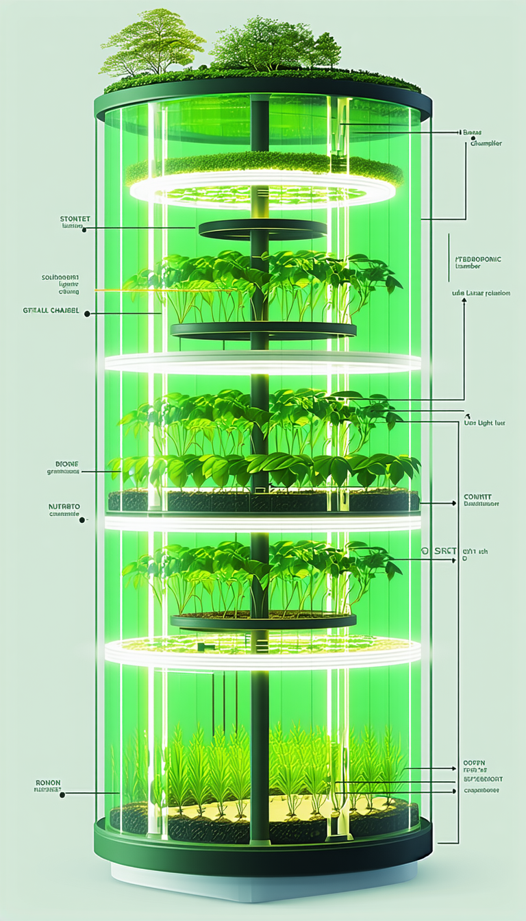 A Large Green Plant Is Growing In A Tower-like Structure, With Multiple Levels Of Plants