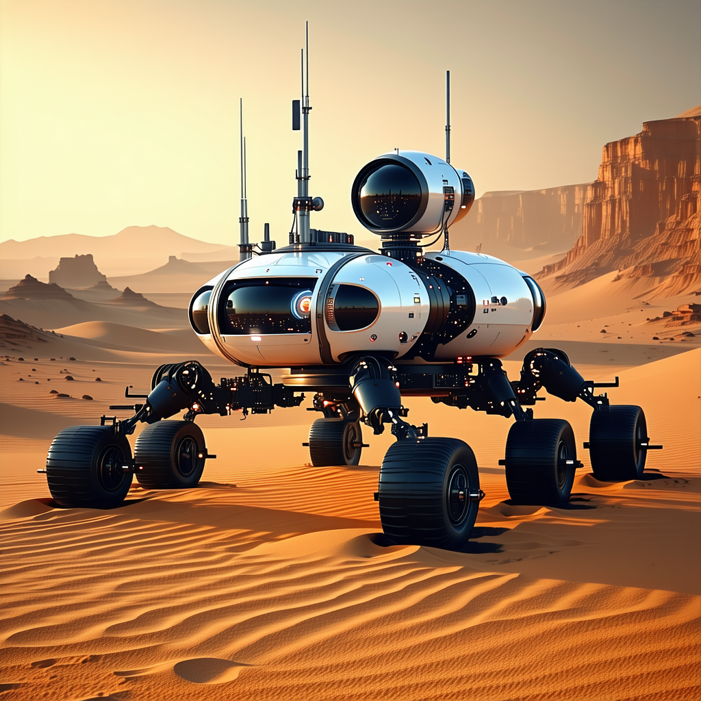 A Futuristic Vehicle Is Parked In A Desert-like Environment