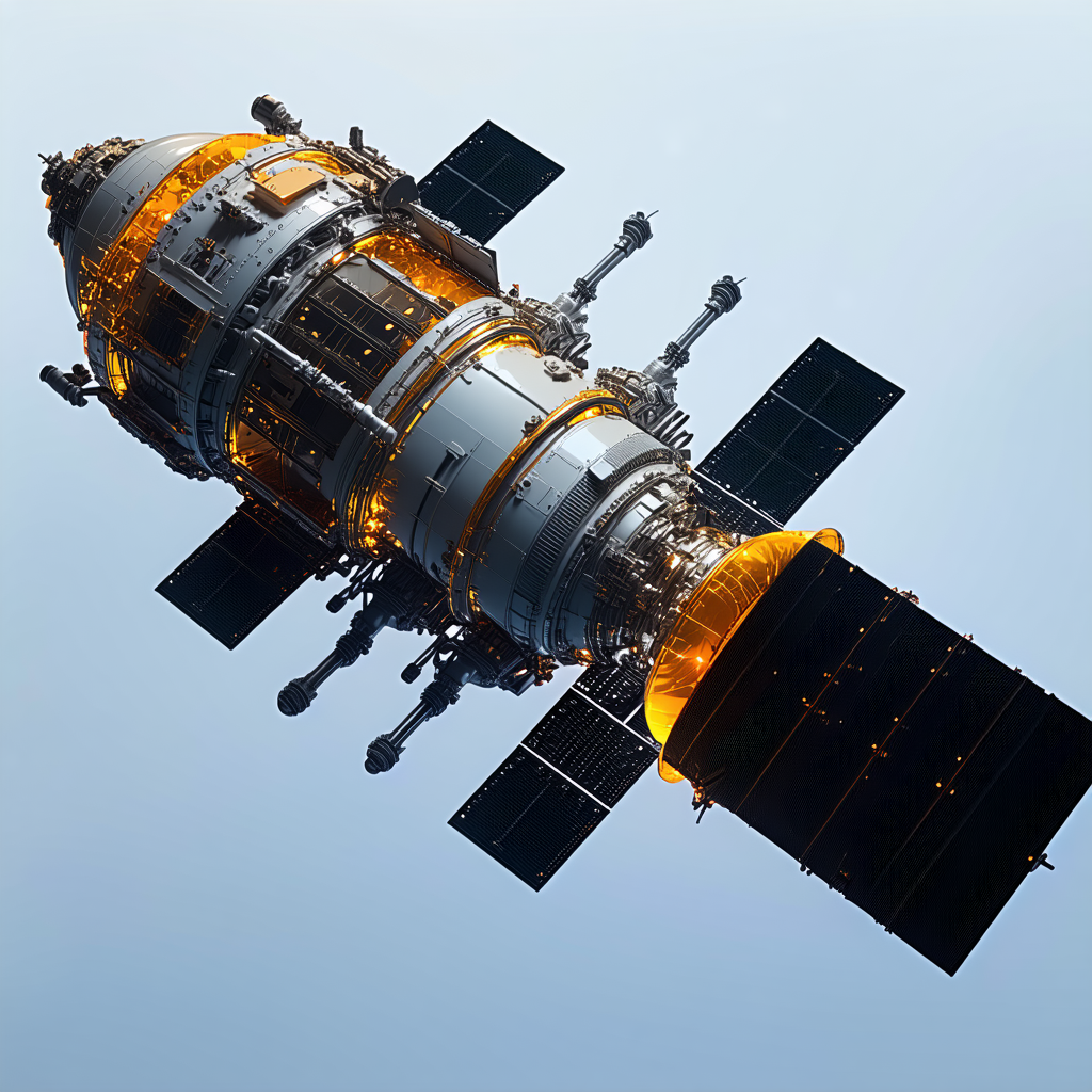 A Large Spacecraft Is Flying Through The Sky, With A Satellite Dish On The Bottom Of The Spacecraft