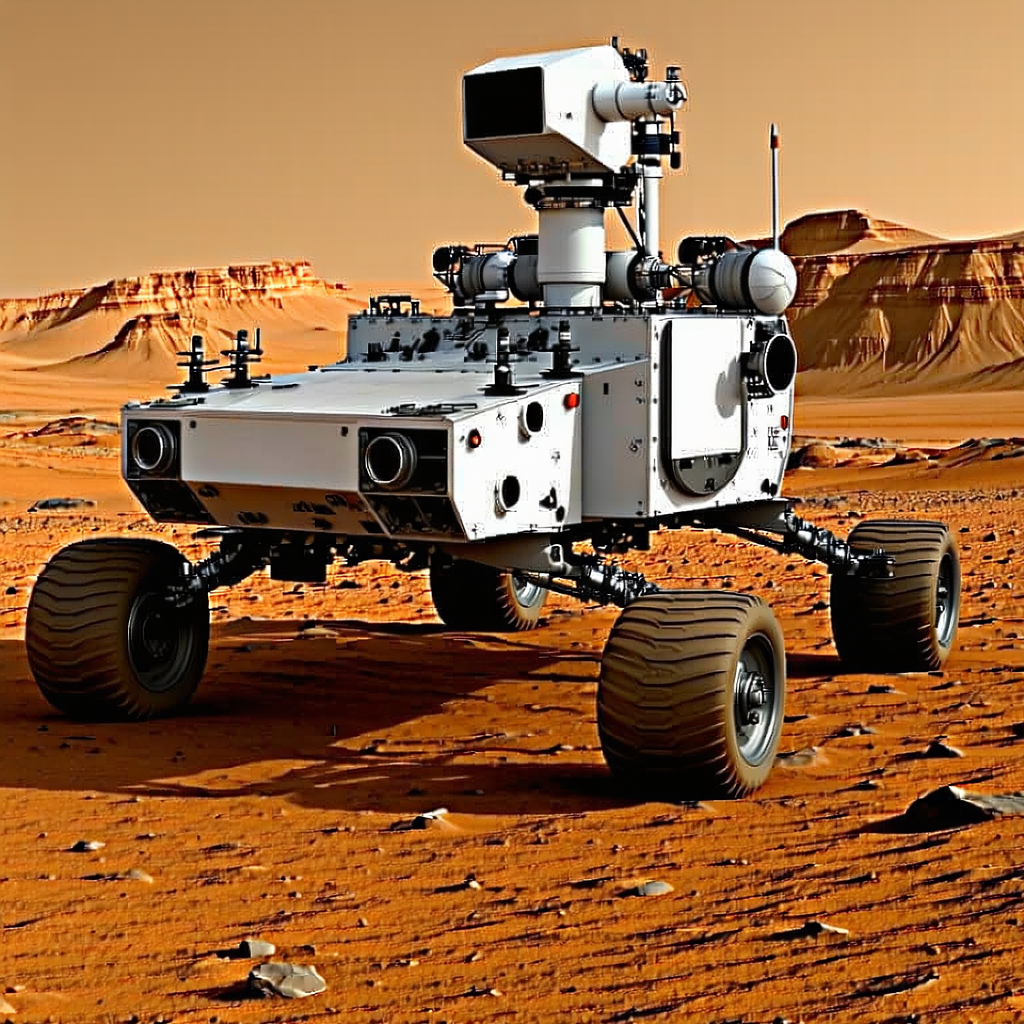 A White Robot Is Sitting On A Red Dirt Surface, Possibly In A Desert