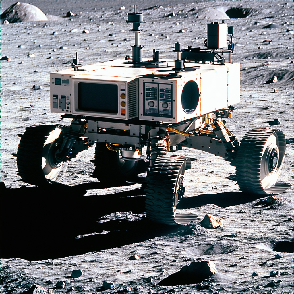 A Robotic Vehicle Is Parked On A Rocky Surface, Possibly On The Moon