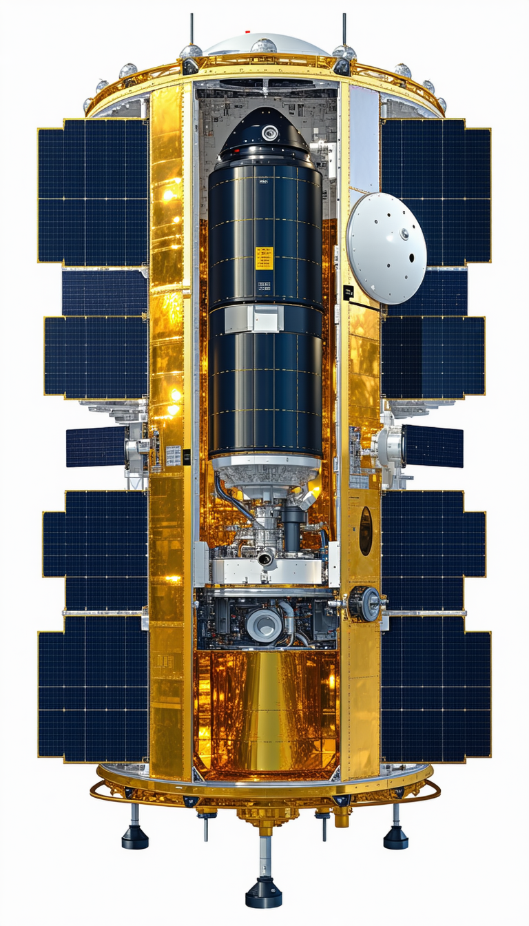 A Spacecraft Is Shown In A Close-up View, With Its Solar Panels And Other Components Clearly Visible