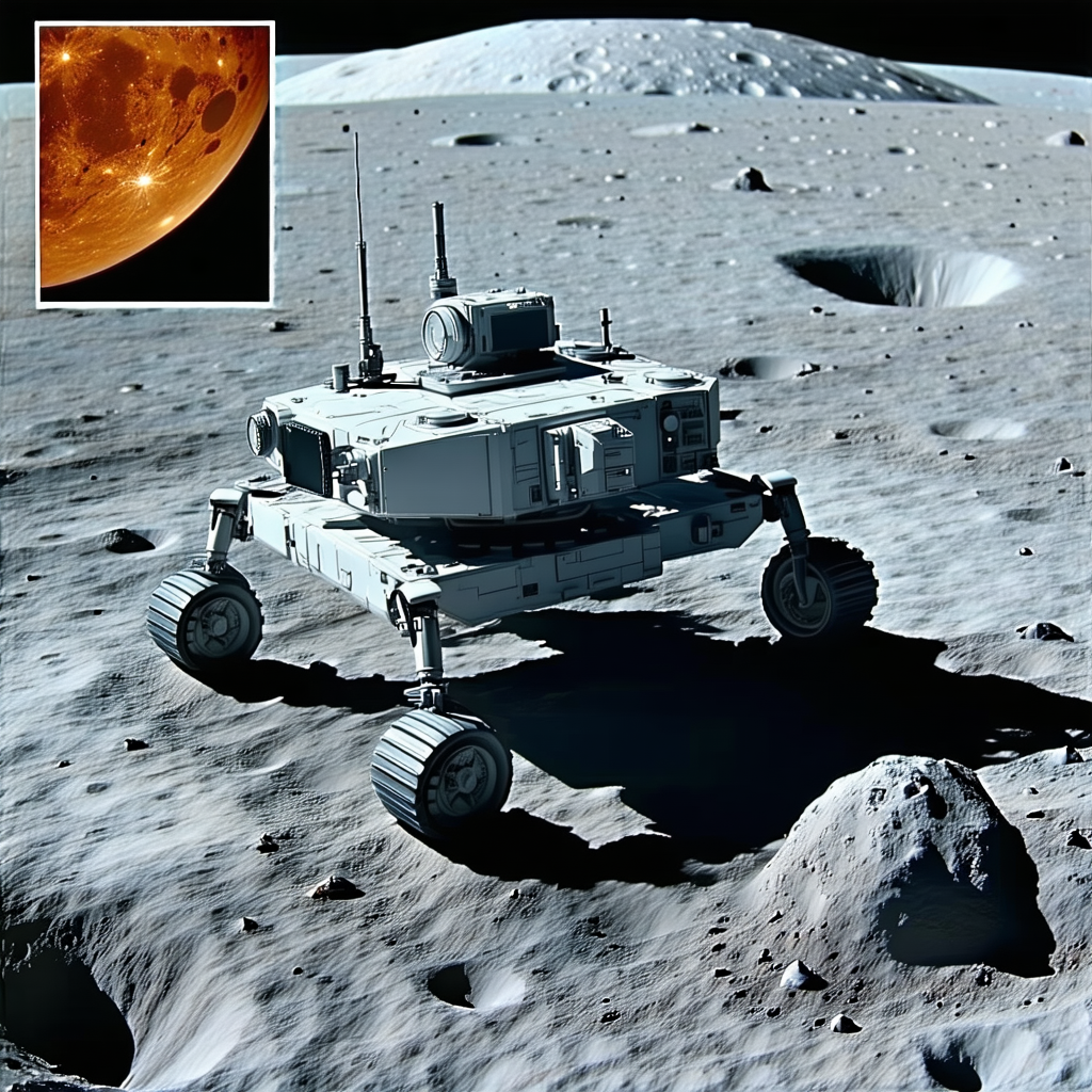 A White Robot Is Sitting On A Rocky Surface, With A Red Moon In The Background