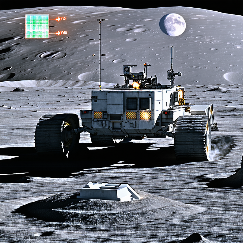 A White Vehicle Is Driving On The Moon, With A Large Satellite Dish On The Back