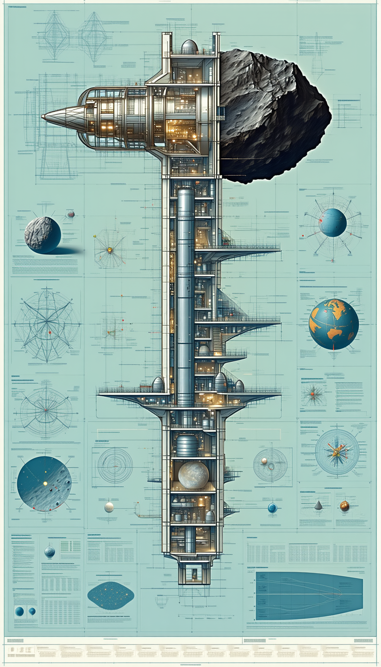 A Large, Futuristic Building Is Depicted In A Blue And White Drawing