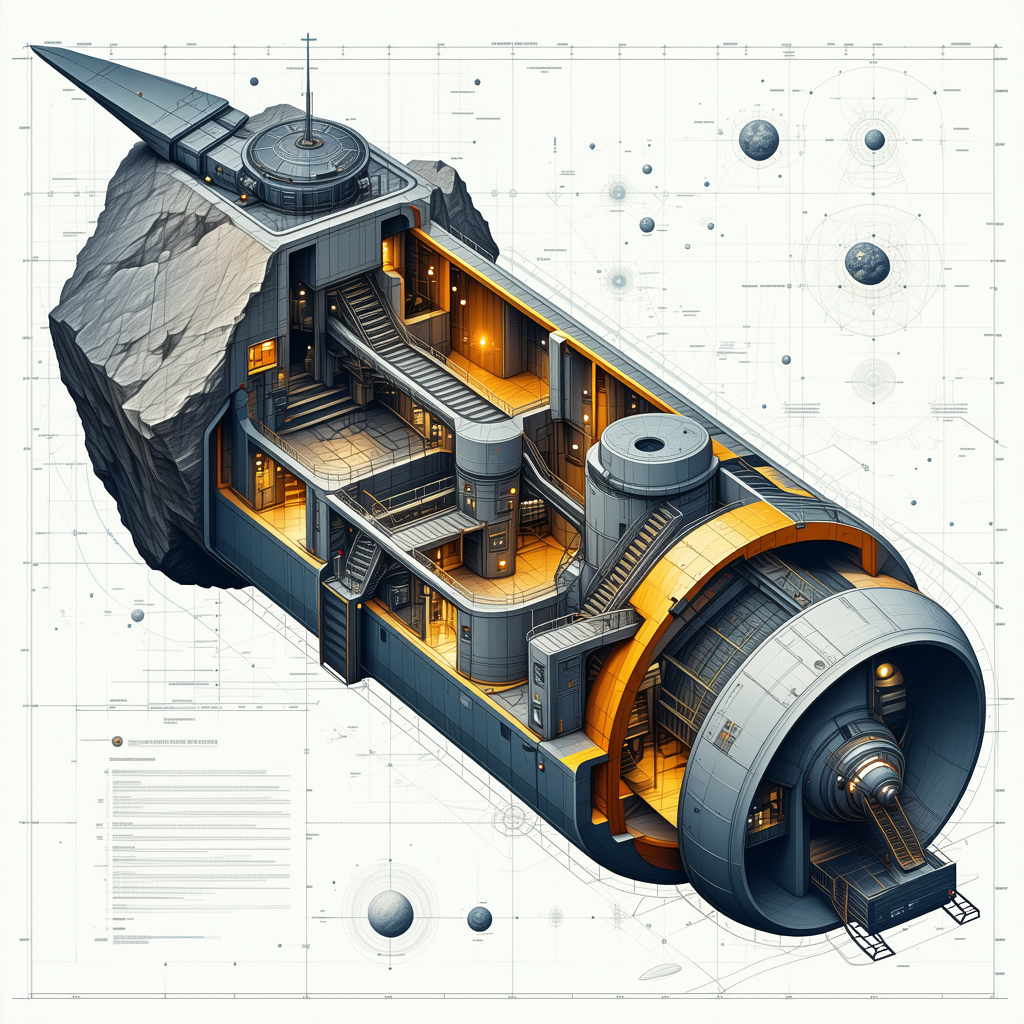A Futuristic Space Station Is Depicted In A Drawing, With A Large Dome At The Top